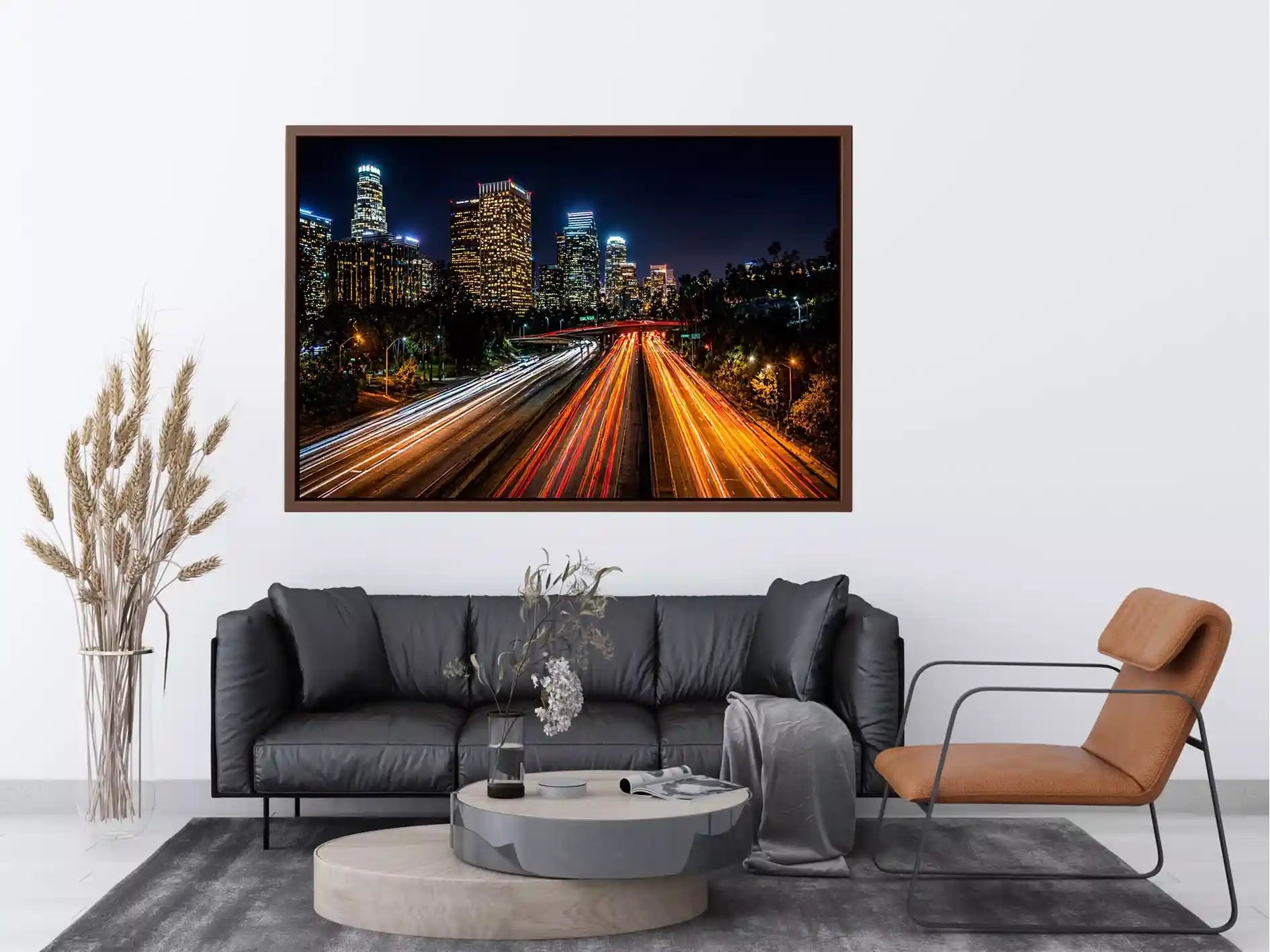 city skyline night Canvas Print, urban light trails canvas, modern cityscape print, downtown night traffic artwork