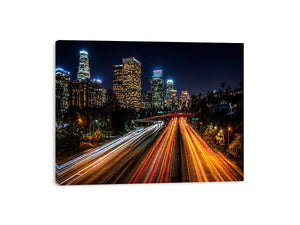 city skyline night Canvas Print, urban light trails canvas, modern cityscape print, downtown night traffic artwork