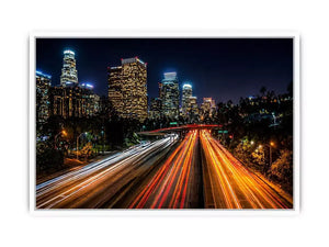city skyline night Canvas Print, urban light trails canvas, modern cityscape print, downtown night traffic artwork