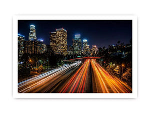 city skyline night Canvas Print, urban light trails canvas, modern cityscape print, downtown night traffic artwork
