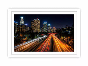 city skyline night Canvas Print, urban light trails canvas, modern cityscape print, downtown night traffic artwork