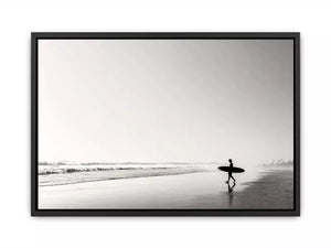 surfer beach Canvas Print black white, minimalist ocean canvas, coastal silhouette artwork, serene beach decor