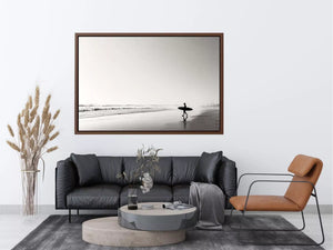surfer beach Canvas Print black white, minimalist ocean canvas, coastal silhouette artwork, serene beach decor