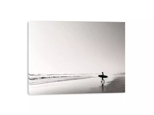 surfer beach Canvas Print black white, minimalist ocean canvas, coastal silhouette artwork, serene beach decor