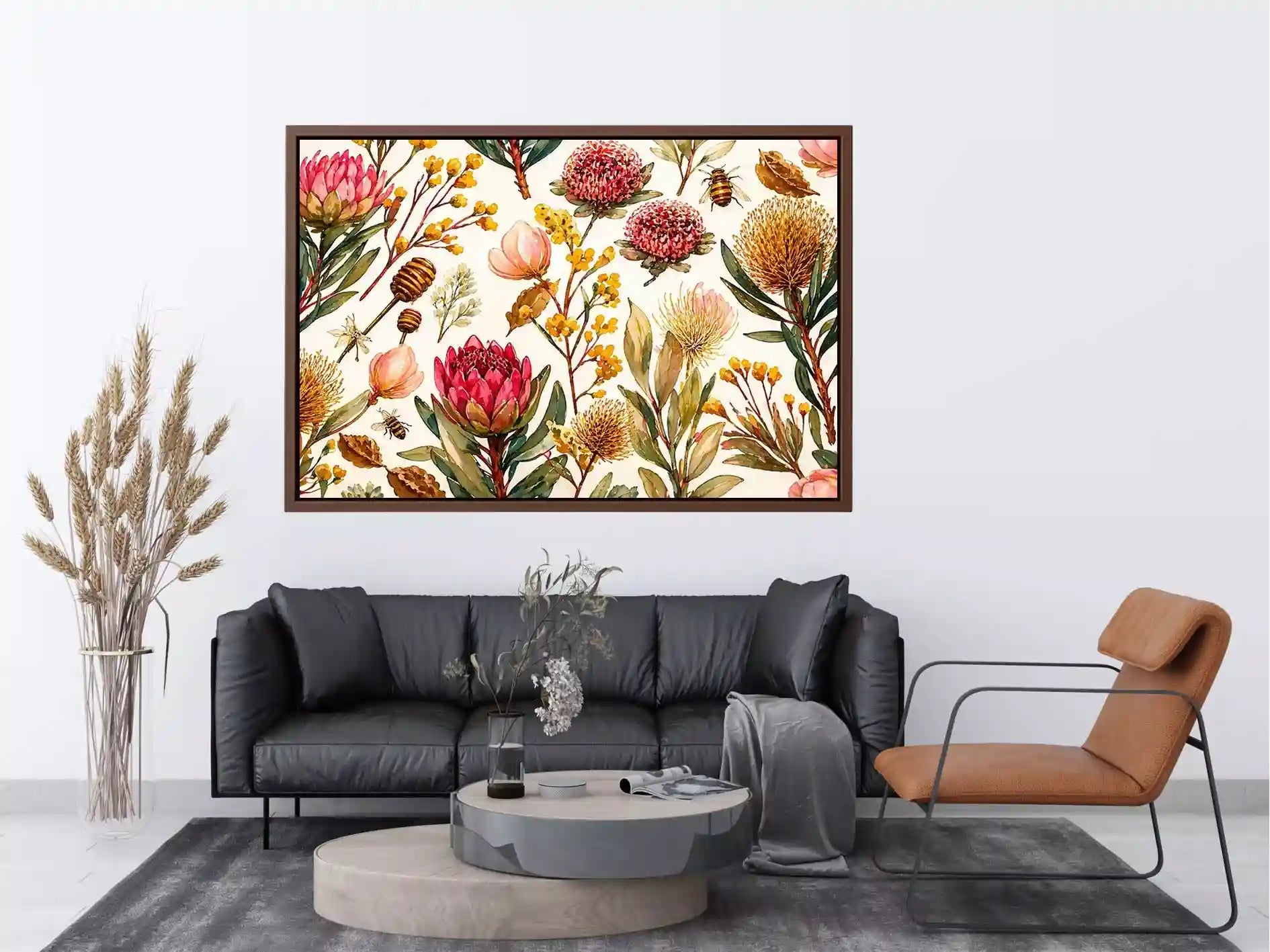 watercolor botanical floral pattern with bees and wildflowers Canvas Print canvas