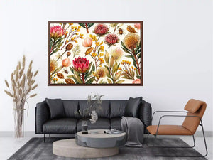 watercolor botanical floral pattern with bees and wildflowers Canvas Print canvas