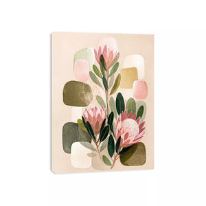 abstract botanical blush floral Canvas Print with soft neutral shapes and green leaves