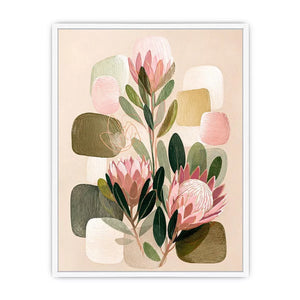 abstract botanical blush floral Canvas Print with soft neutral shapes and green leaves