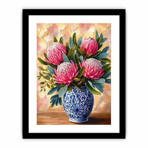 pink protea flowers in blue ceramic vase painting Canvas Print canvas