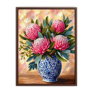 pink protea flowers in blue ceramic vase painting Canvas Print canvas