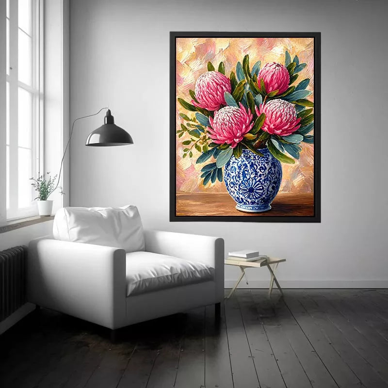 pink protea flowers in blue ceramic vase painting Canvas Print canvas