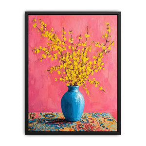 yellow flowers in blue vase on pink background modern floral Canvas Print