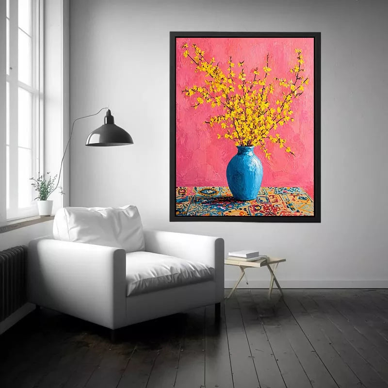 yellow flowers in blue vase on pink background modern floral Canvas Print