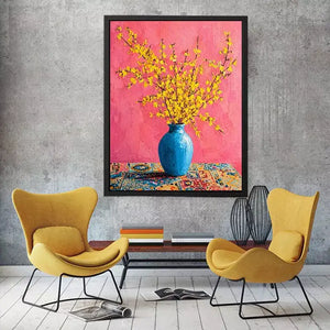 yellow flowers in blue vase on pink background modern floral Canvas Print