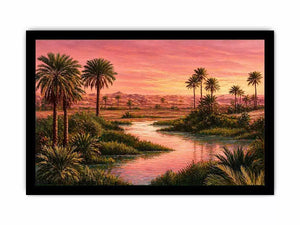desert oasis sunset landscape with palm trees and water Canvas Print canvas
