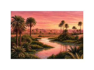 desert oasis sunset landscape with palm trees and water Canvas Print canvas