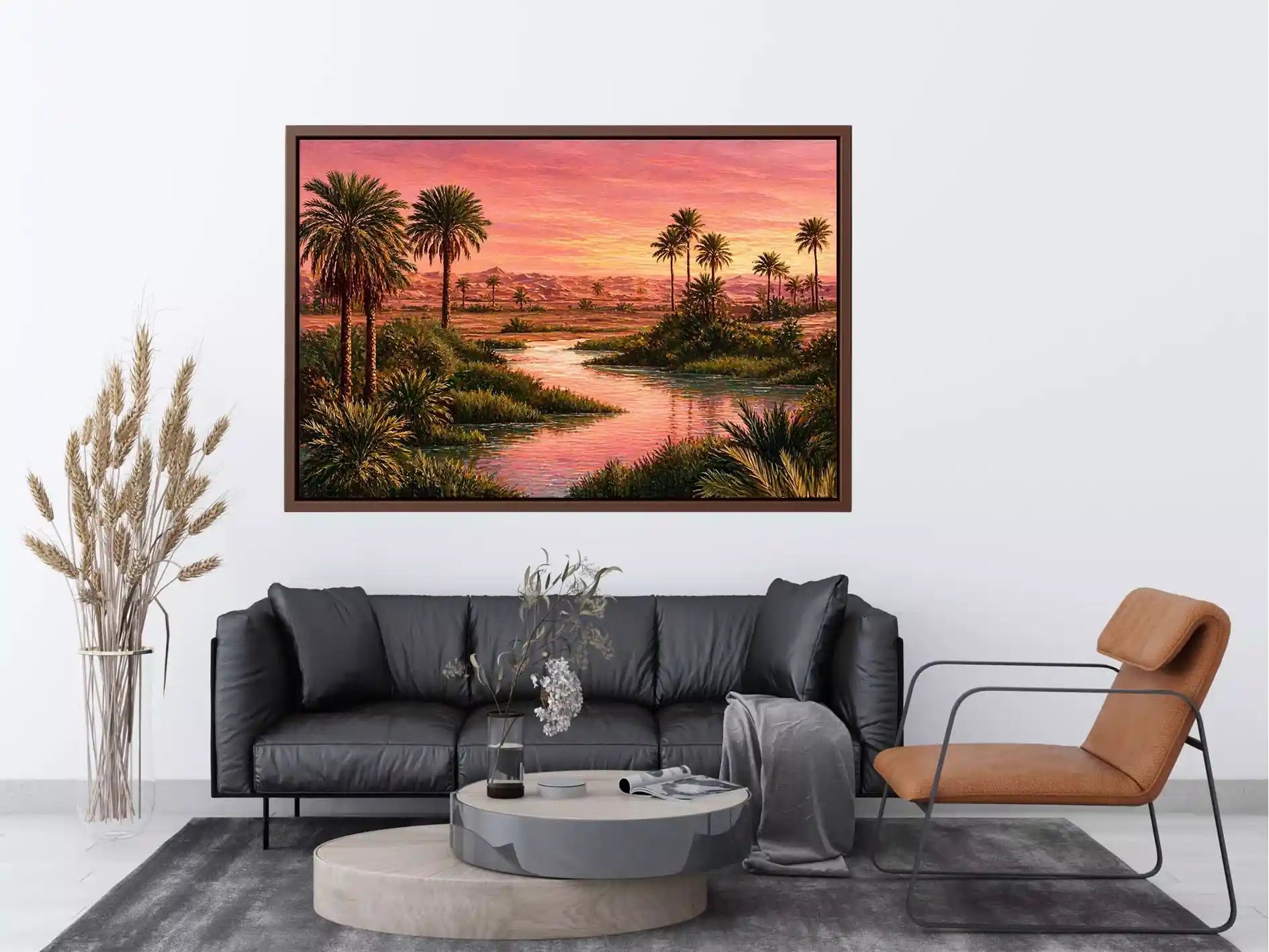 desert oasis sunset landscape with palm trees and water Canvas Print canvas