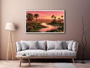 desert oasis sunset landscape with palm trees and water Canvas Print canvas