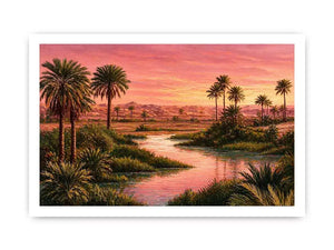 desert oasis sunset landscape with palm trees and water Canvas Print canvas