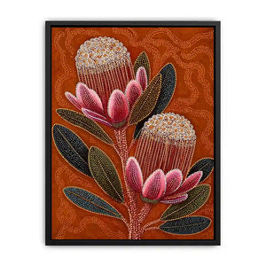 aboriginal dot art protea flower botanical Canvas Print with earthy orange background