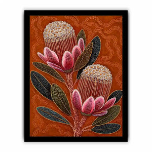 aboriginal dot art protea flower botanical Canvas Print with earthy orange background