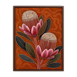 aboriginal dot art protea flower botanical Canvas Print with earthy orange background