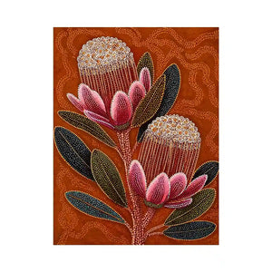 aboriginal dot art protea flower botanical Canvas Print with earthy orange background