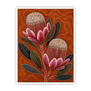 aboriginal dot art protea flower botanical Canvas Print with earthy orange background