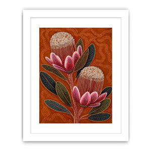 aboriginal dot art protea flower botanical Canvas Print with earthy orange background