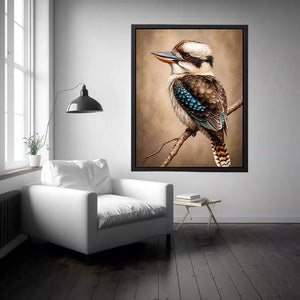 realistic kookaburra bird portrait perched on branch Canvas Print canvas