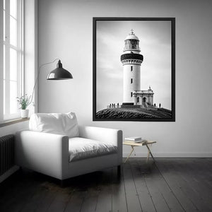 minimal black and white lighthouse architecture wall art canvas