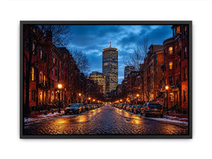 boston city street at night with lights and skyline Canvas Print canvas