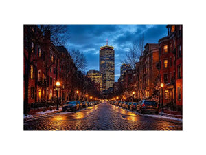 boston city street at night with lights and skyline Canvas Print canvas