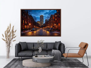 boston city street at night with lights and skyline Canvas Print canvas