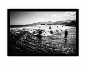 black and white surfing wave with surfers ocean Canvas Print canvas
