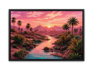 desert oasis landscape with pink sunset sky and palm trees Canvas Print canvas