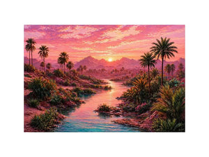desert oasis landscape with pink sunset sky and palm trees Canvas Print canvas