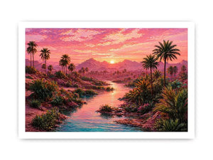 desert oasis landscape with pink sunset sky and palm trees Canvas Print canvas