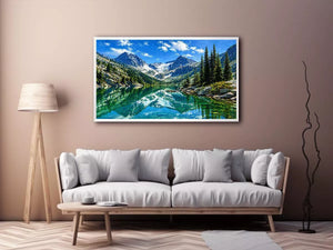alpine mountain lake reflection landscape Canvas Print canvas with trees and peaks