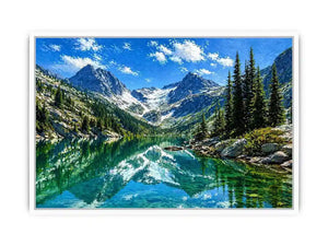 alpine mountain lake reflection landscape Canvas Print canvas with trees and peaks