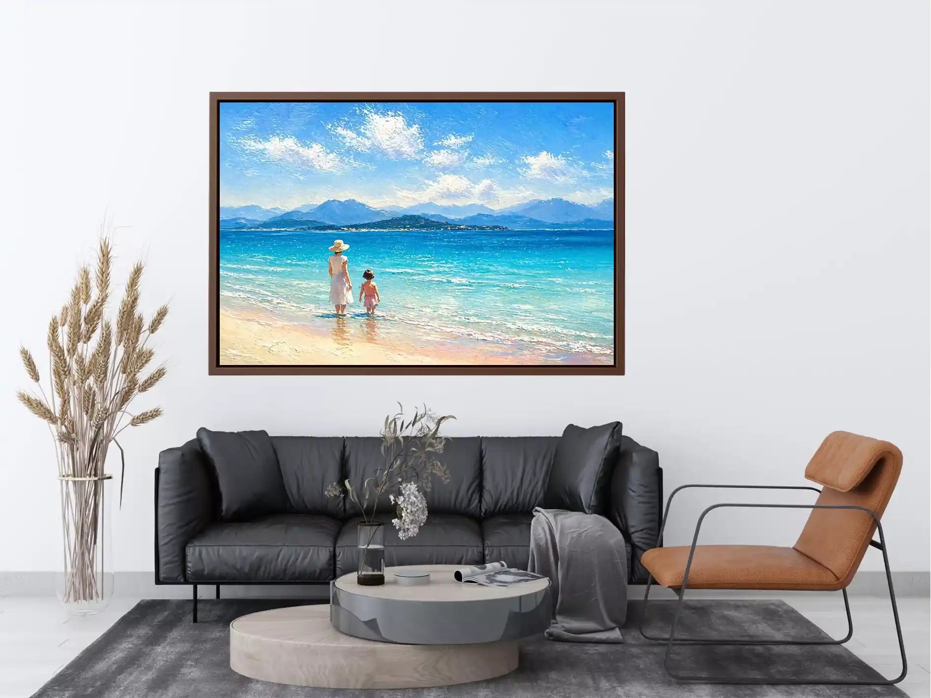 serene beach scene with woman and child ocean Canvas Print canvas