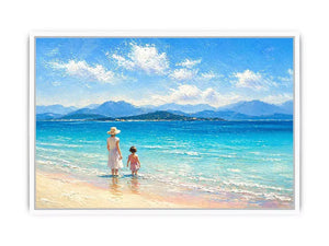 serene beach scene with woman and child ocean Canvas Print canvas