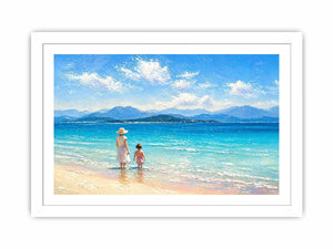 serene beach scene with woman and child ocean Canvas Print canvas