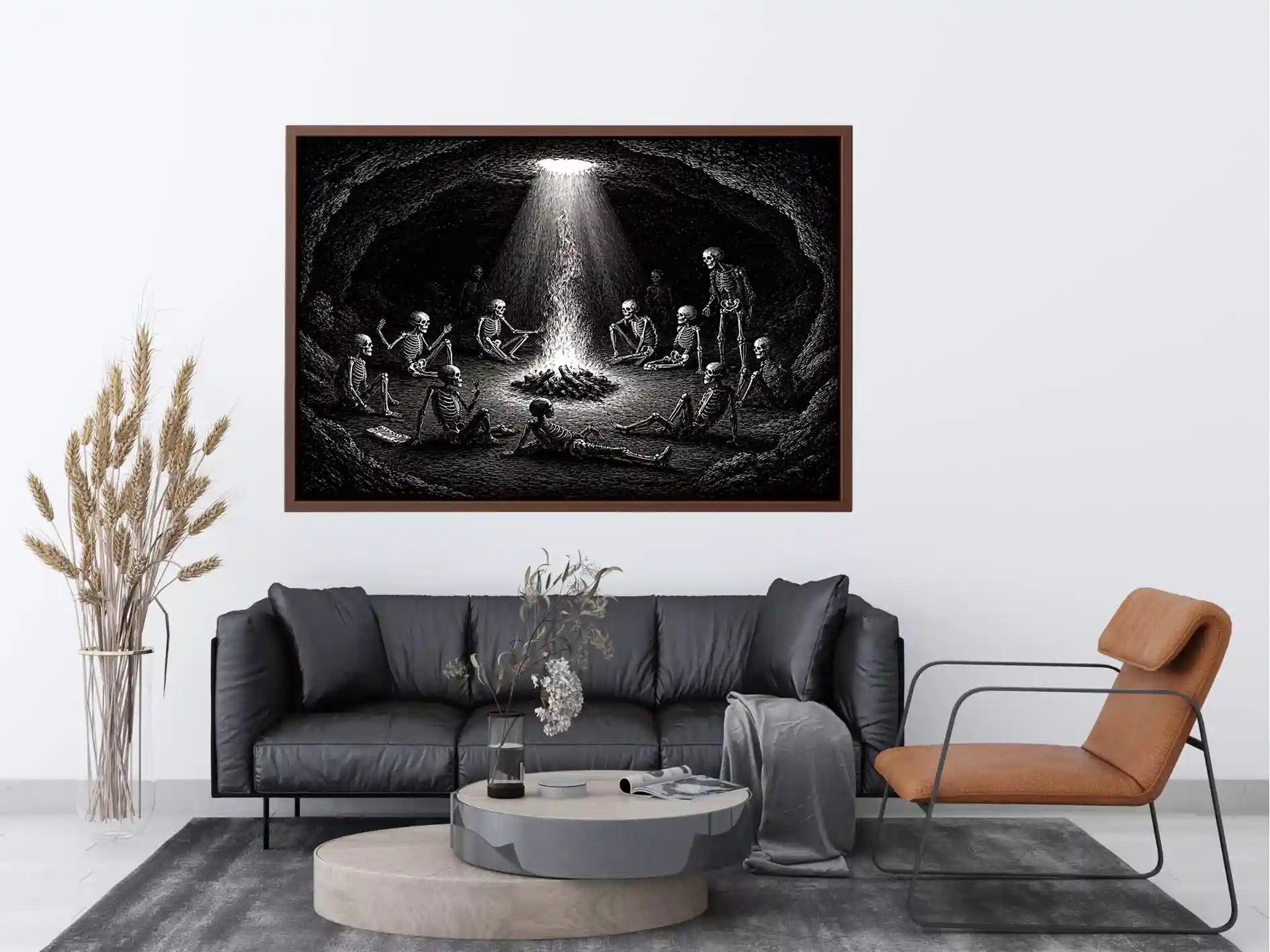 gothic skeleton ritual around fire vintage engraving Canvas Print canvas
