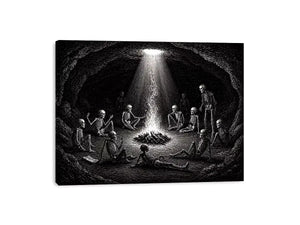 gothic skeleton ritual around fire vintage engraving Canvas Print canvas
