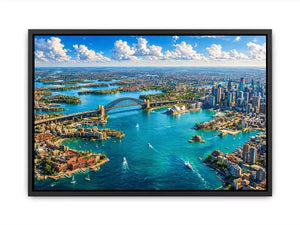 Sydney Harbour Bridge aerial cityscape coastal modern Canvas Print canvas with blue ocean skyline