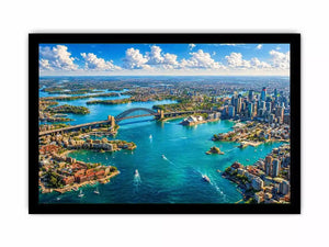 Sydney Harbour Bridge aerial cityscape coastal modern Canvas Print canvas with blue ocean skyline