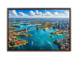 Sydney Harbour Bridge aerial cityscape coastal modern Canvas Print canvas with blue ocean skyline