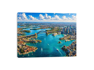 Sydney Harbour Bridge aerial cityscape coastal modern Canvas Print canvas with blue ocean skyline