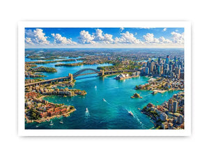 Sydney Harbour Bridge aerial cityscape coastal modern Canvas Print canvas with blue ocean skyline